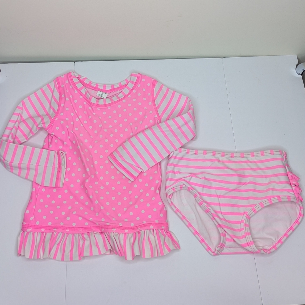 Ruffle Butts Hot Pink Polka Dot Stripe 2 Piece Bathing Suit 2T
